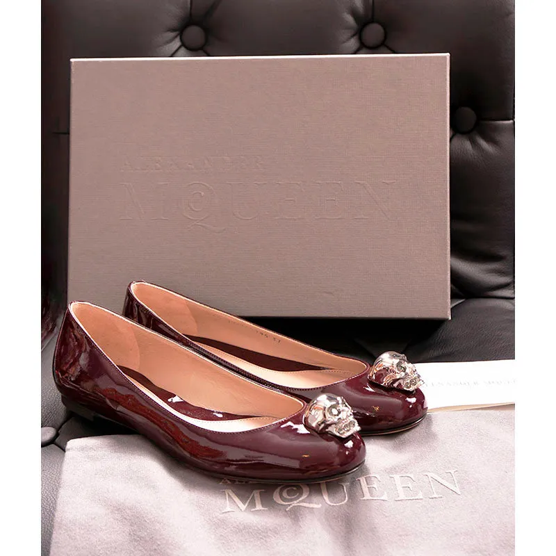 37 NEW $650 ALEXANDER MCQUEEN Wine Red Patent Leather Crystal SKULL BALLET FLATS