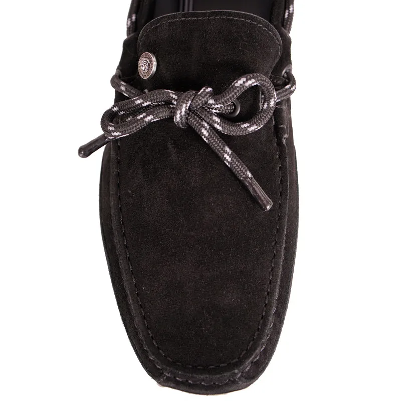 41.5 US 8.5 NEW $825 VERSACE Black Suede MEDUSA LOGO Driver CHAIN REACTION LOAFERS