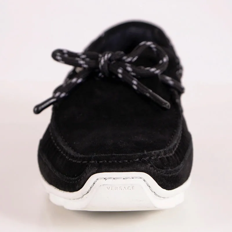 41.5 US 8.5 NEW $825 VERSACE Black Suede MEDUSA LOGO Driver CHAIN REACTION LOAFERS