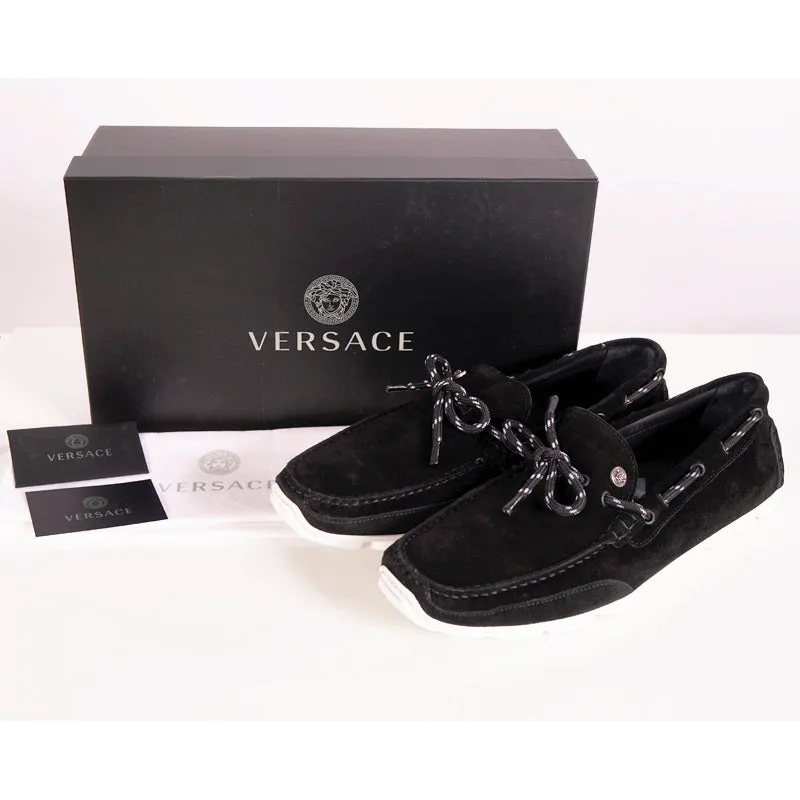 41.5 US 8.5 NEW $825 VERSACE Black Suede MEDUSA LOGO Driver CHAIN REACTION LOAFERS