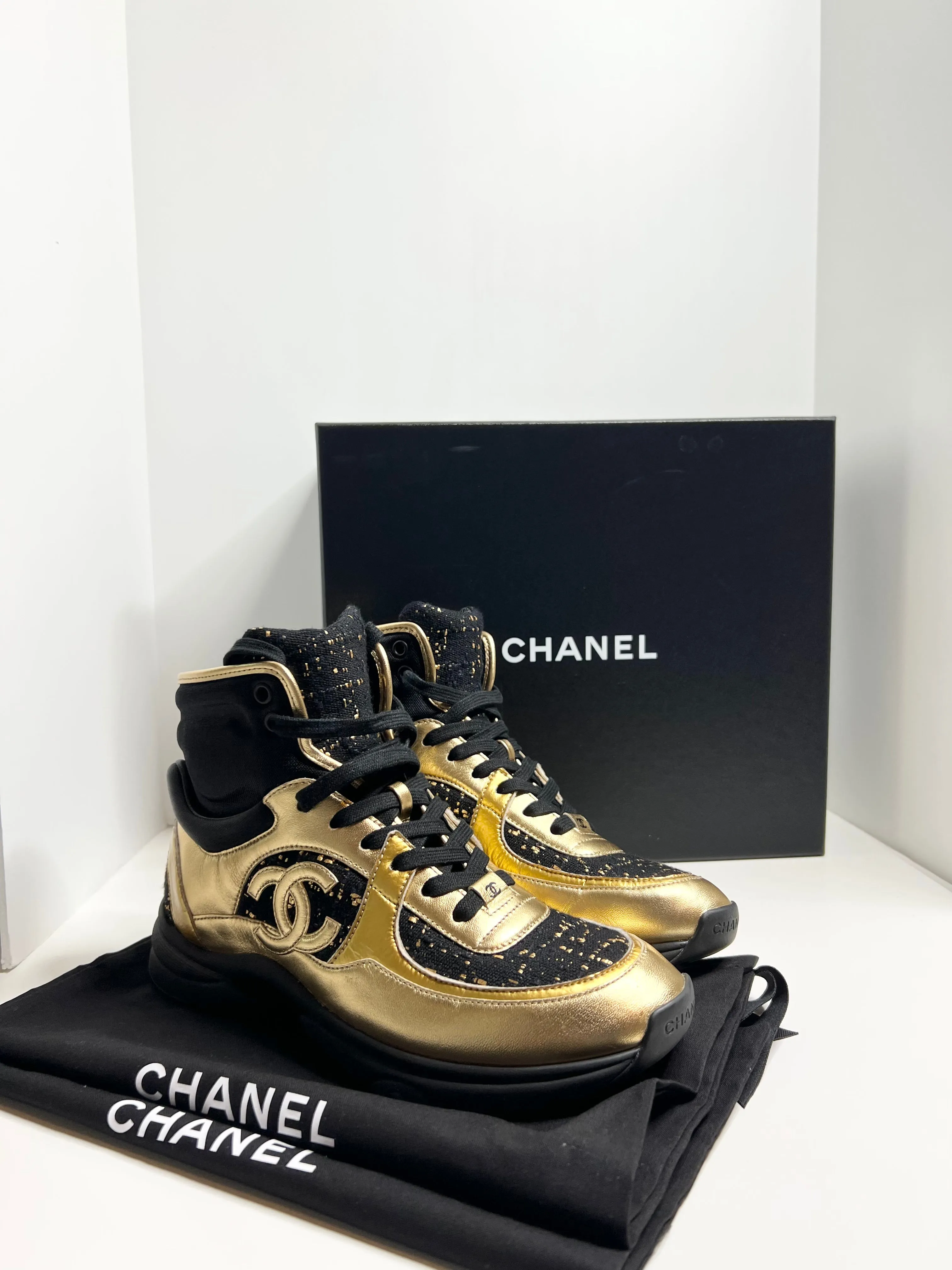 Chanel Black High Top Black & Gold Sneakers, Size 38.5