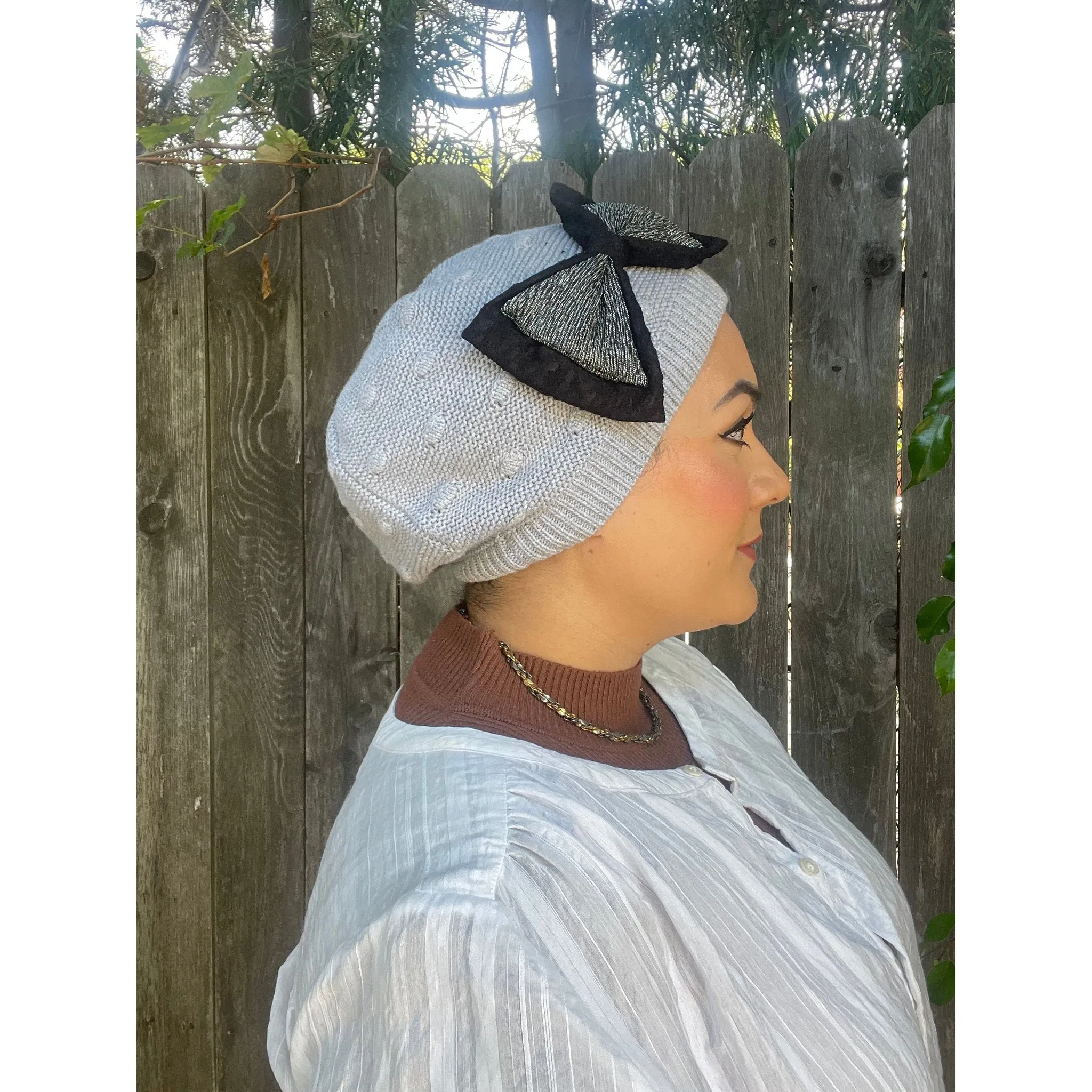 Embellished Cotton French Beret - Gray Bow