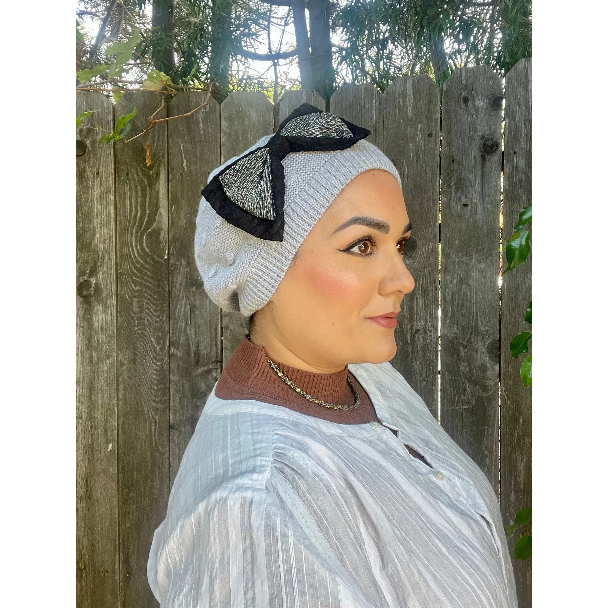 Embellished Cotton French Beret - Gray Bow