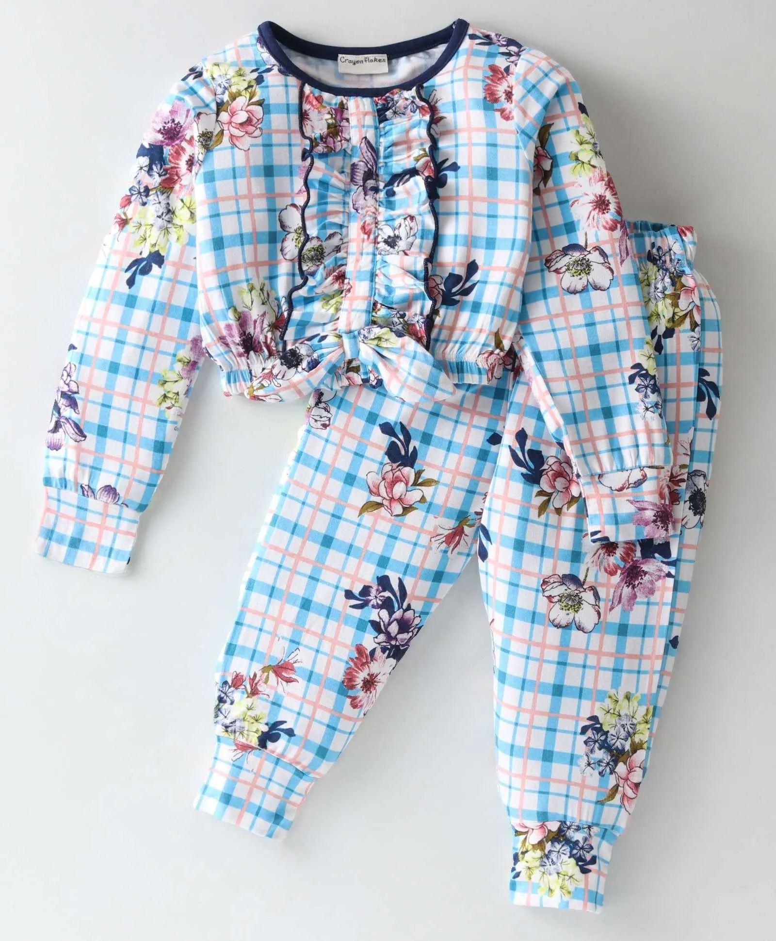 Floral Checkered Frill Top Jogger Set