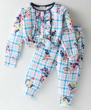 Floral Checkered Frill Top Jogger Set