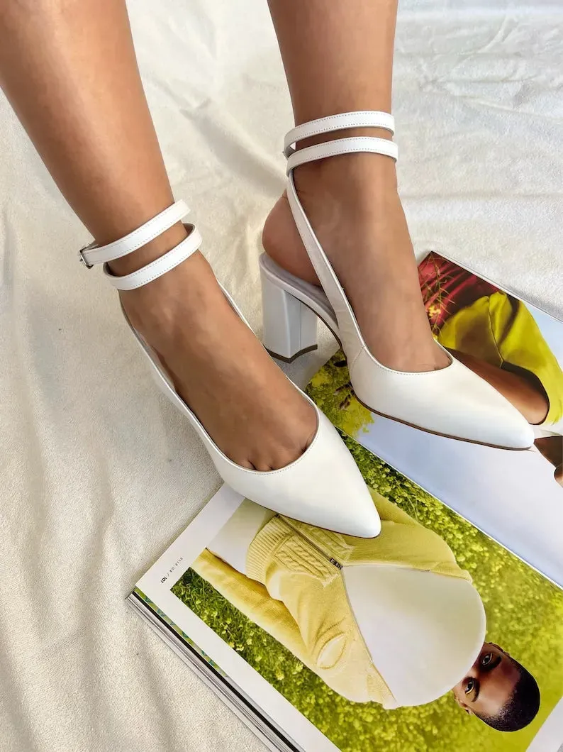 Handmade White Leather Block Heeled Sandals