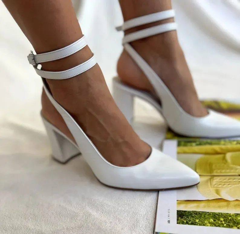 Handmade White Leather Block Heeled Sandals