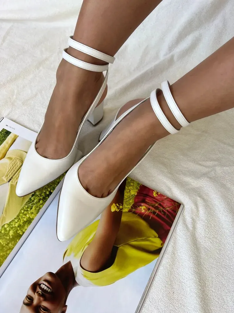 Handmade White Leather Block Heeled Sandals