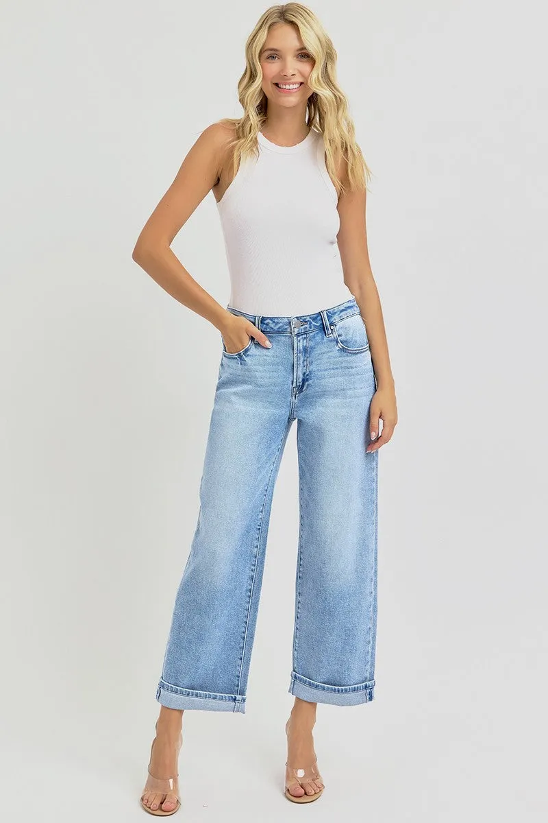 High Rise Ankle Barrel Turn Up Cuff Jeans - Light Wash