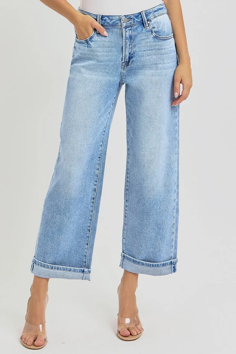 High Rise Ankle Barrel Turn Up Cuff Jeans - Light Wash