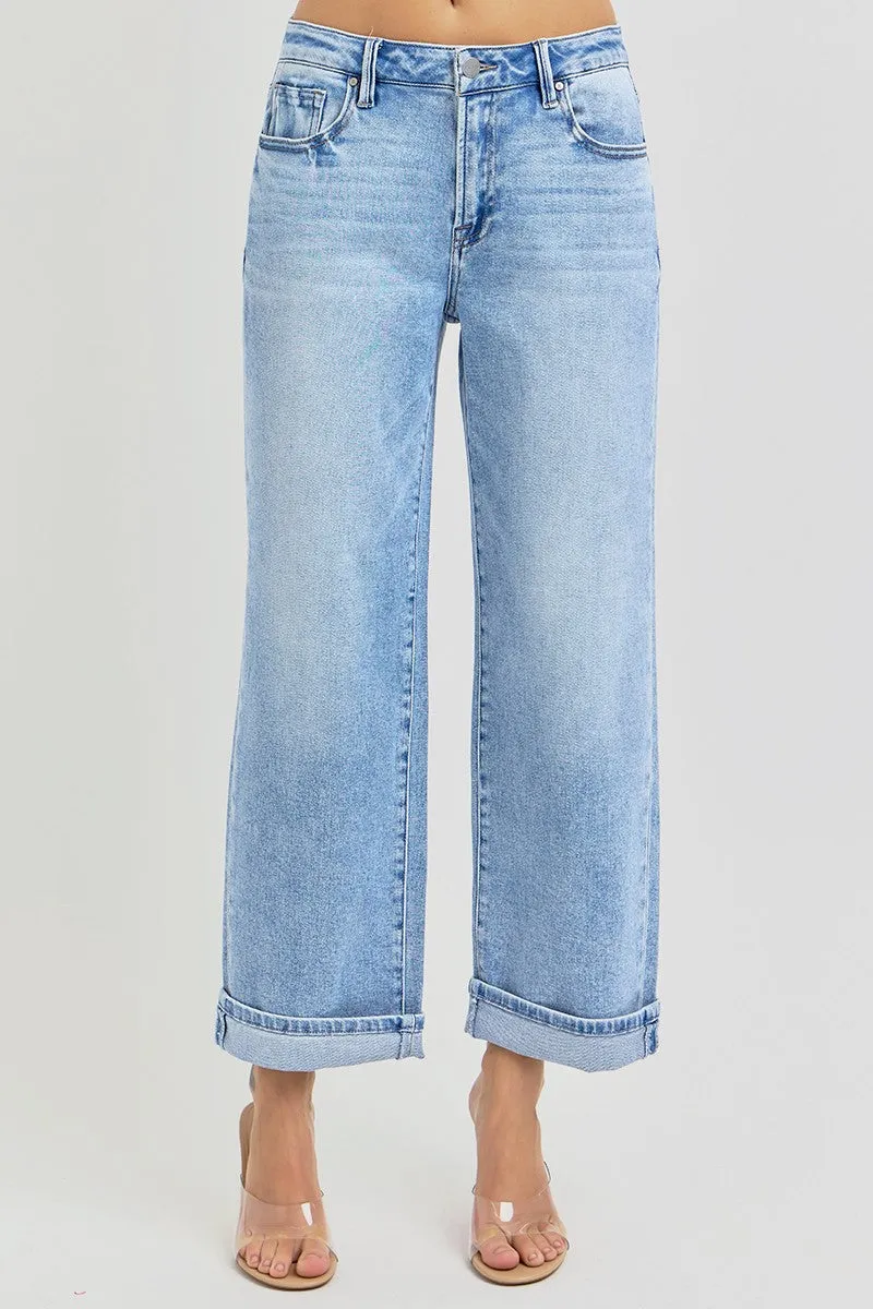 High Rise Ankle Barrel Turn Up Cuff Jeans - Light Wash