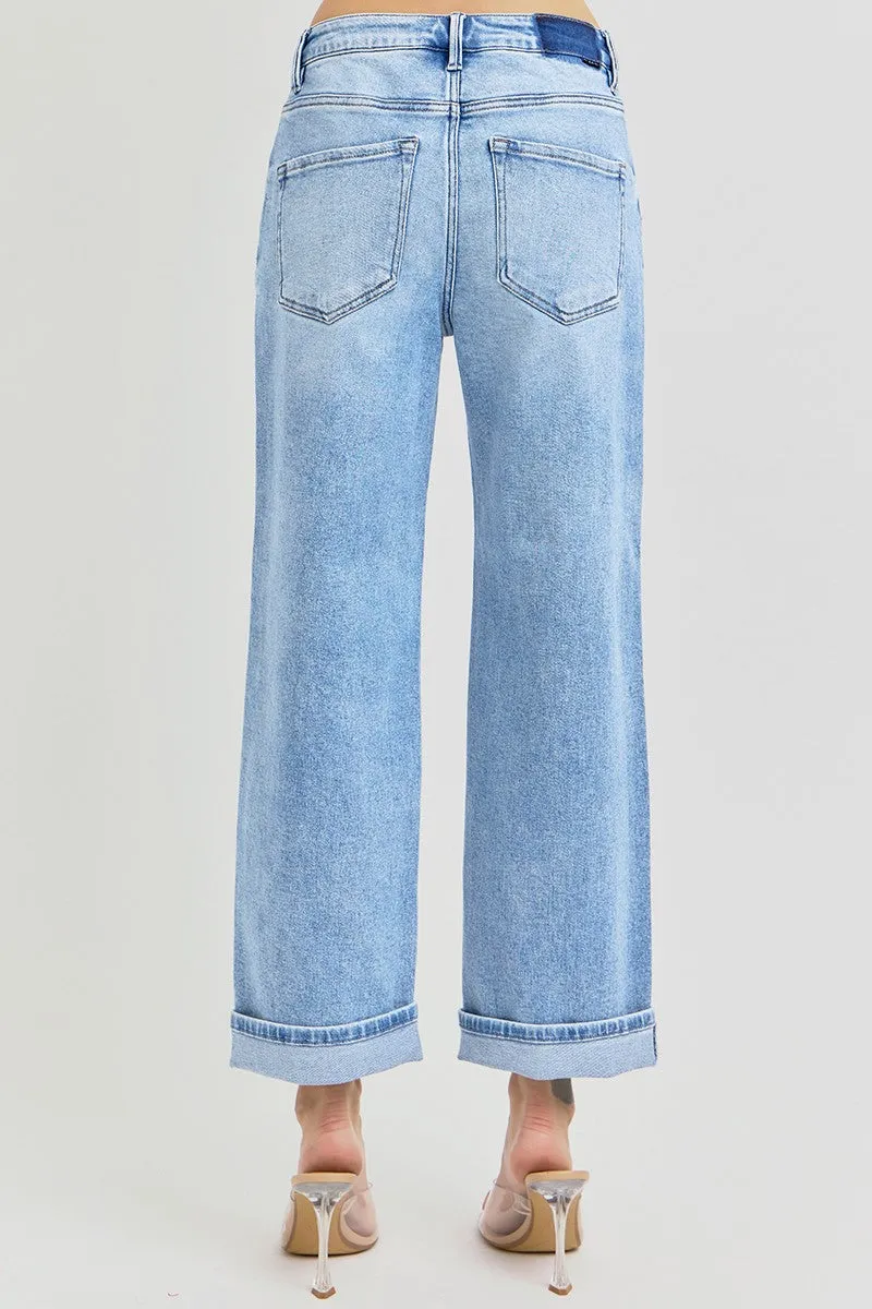High Rise Ankle Barrel Turn Up Cuff Jeans - Light Wash