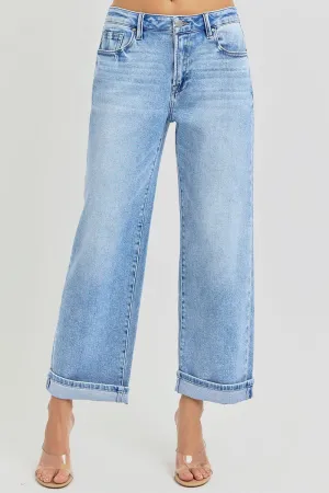High Rise Ankle Barrel Turn Up Cuff Jeans - Light Wash