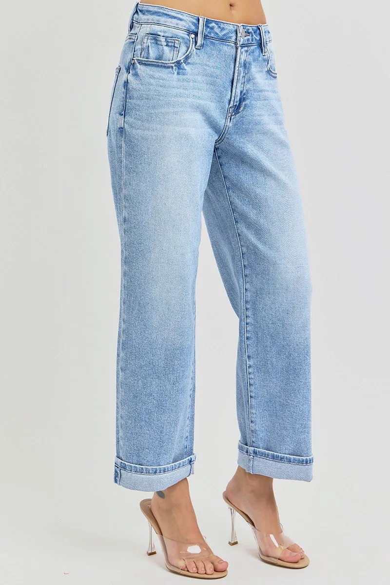 High Rise Ankle Barrel Turn Up Cuff Jeans - Light Wash