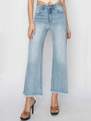 High Rise Frayed Ankle Wide Jeans