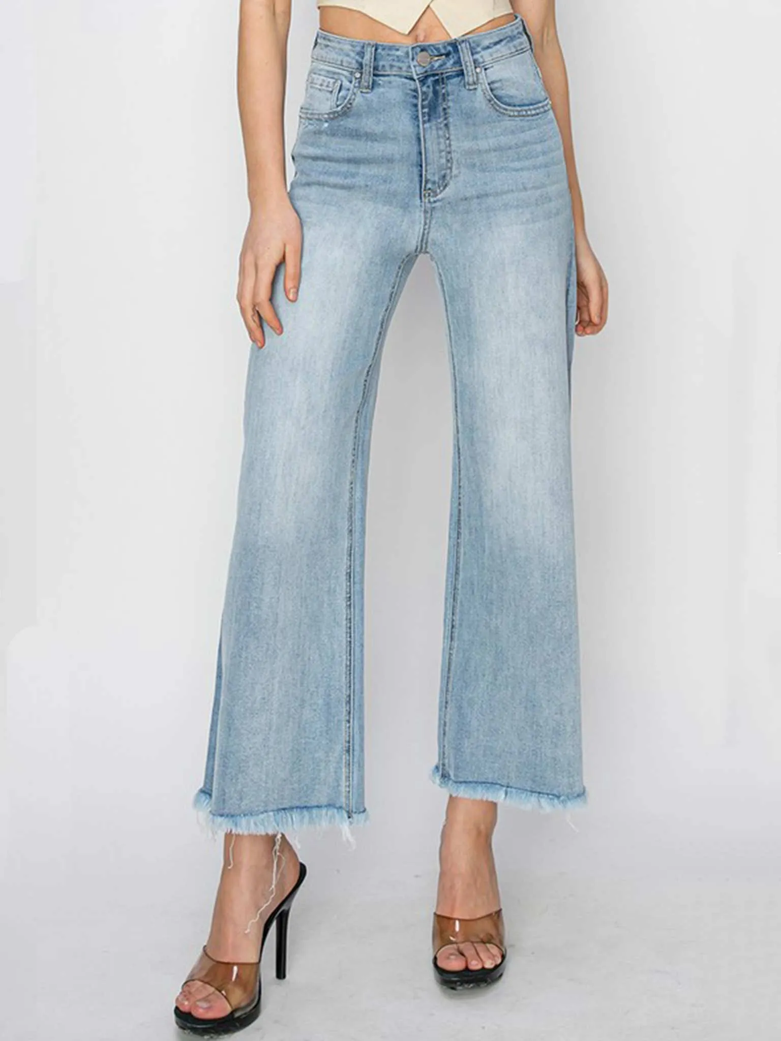 High Rise Frayed Ankle Wide Jeans