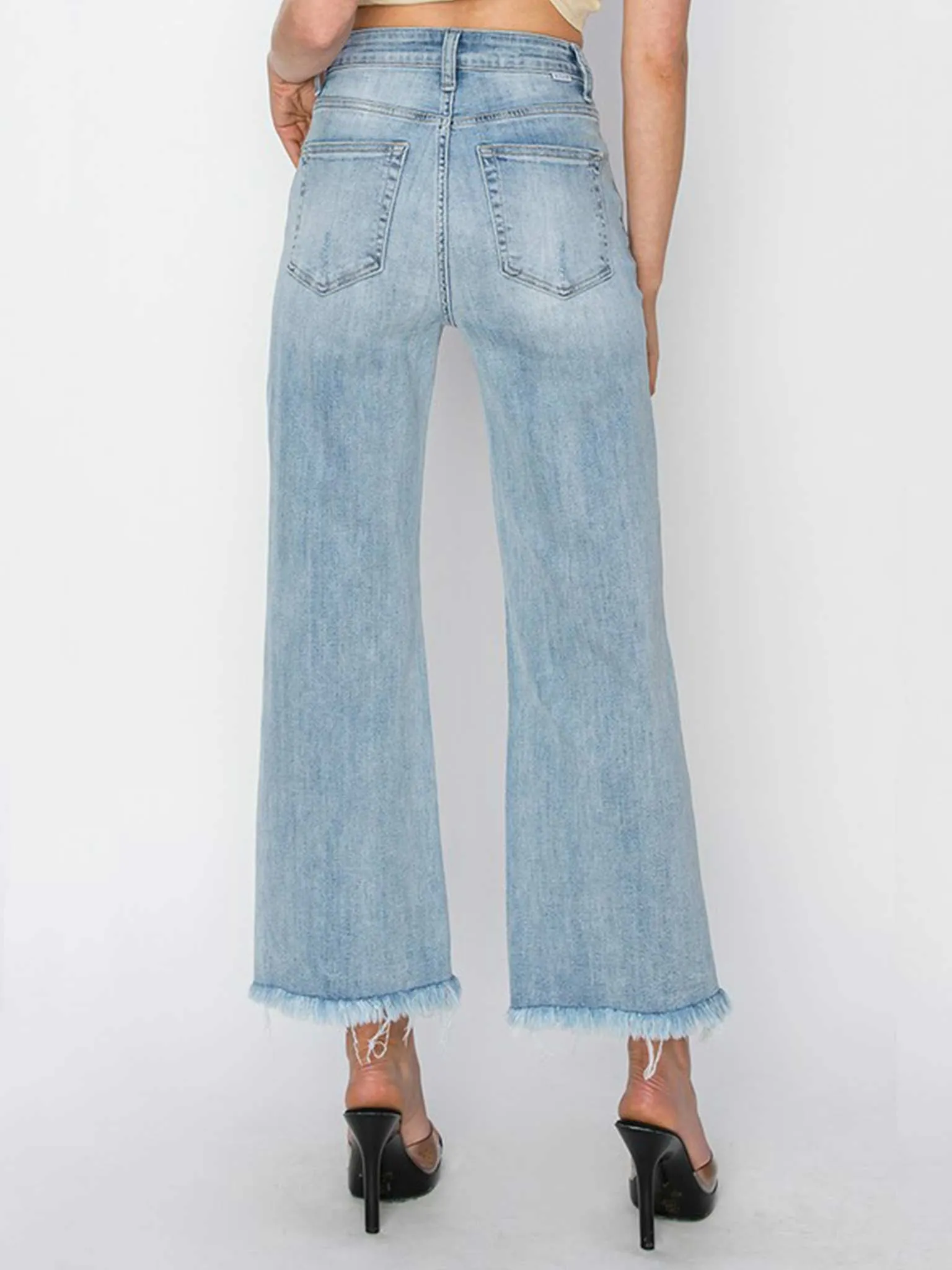 High Rise Frayed Ankle Wide Jeans