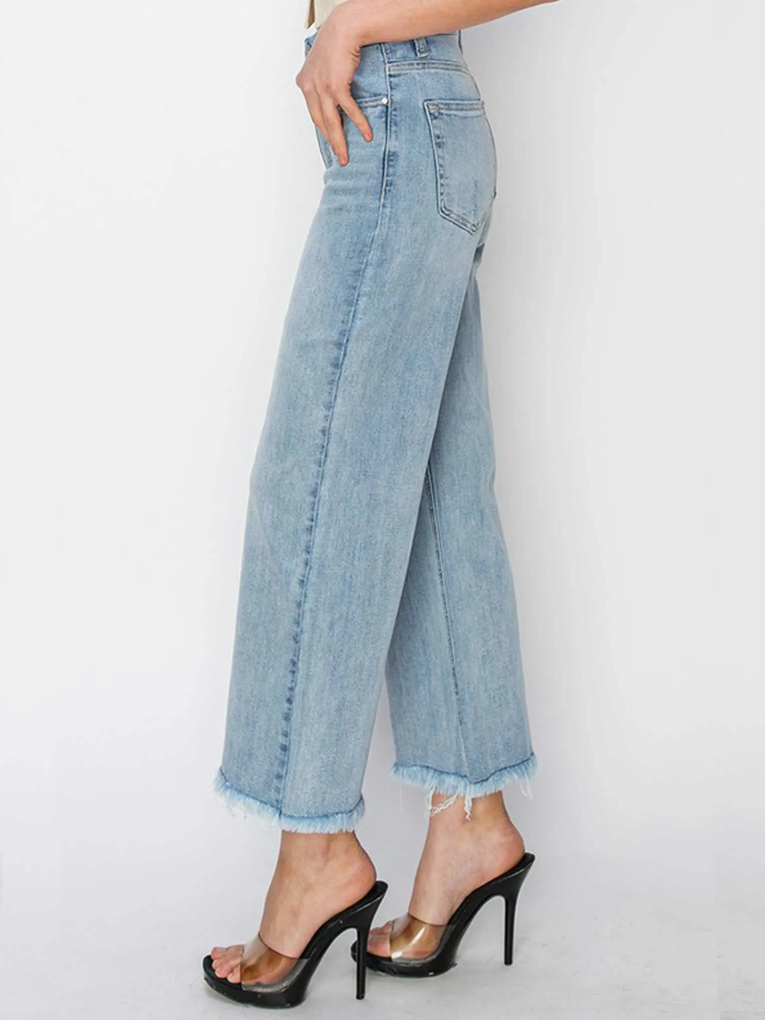 High Rise Frayed Ankle Wide Jeans