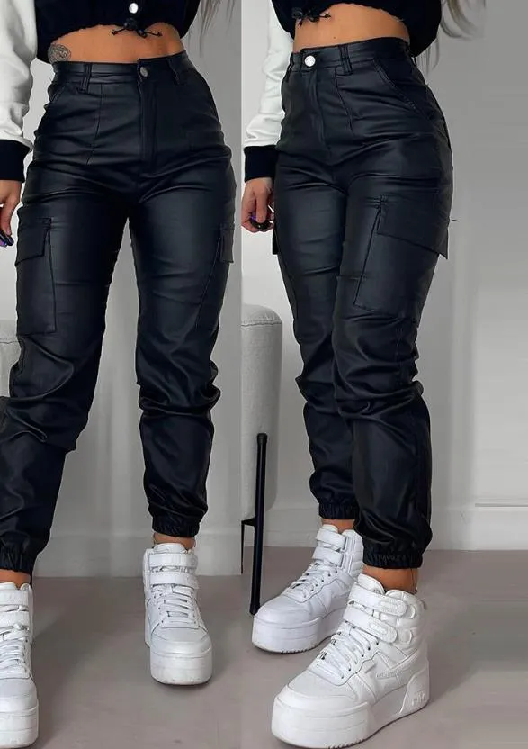 Hoge Taille Imitatieleren Cargo Broek met Zakken
