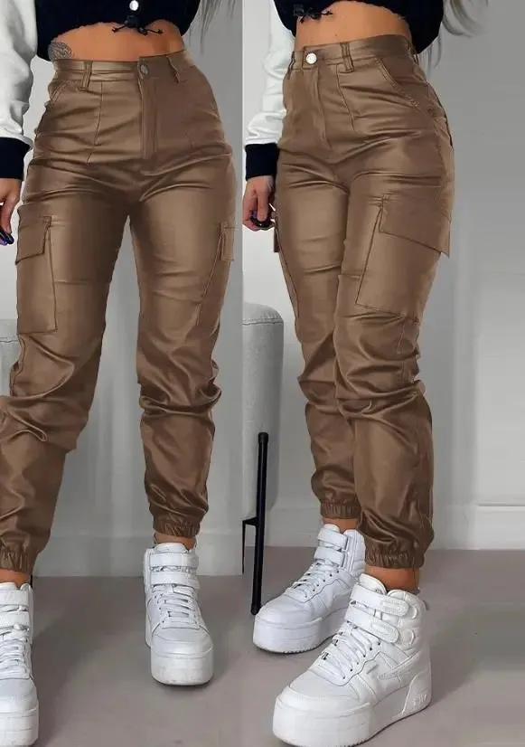 Hoge Taille Imitatieleren Cargo Broek met Zakken