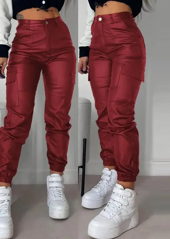 Hoge Taille Imitatieleren Cargo Broek met Zakken