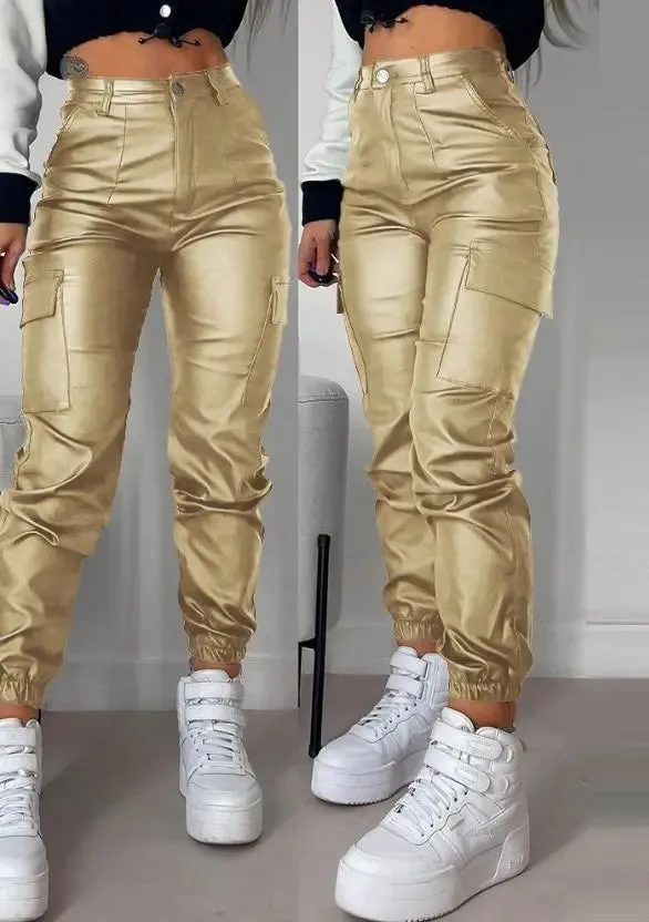 Hoge Taille Imitatieleren Cargo Broek met Zakken
