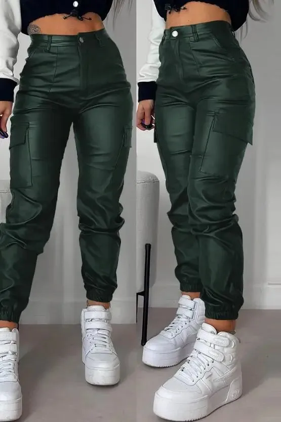 Hoge Taille Imitatieleren Cargo Broek met Zakken
