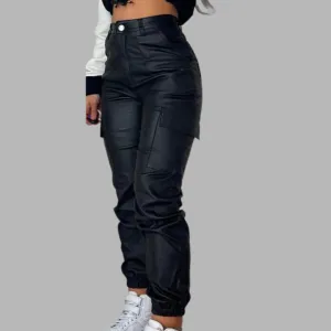 Hoge Taille Imitatieleren Cargo Broek met Zakken