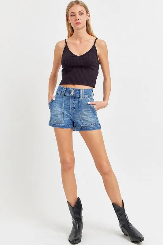 Lennon High Rise Patch Pocket Shorts Medium Wash