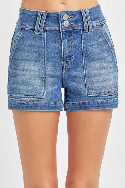 Lennon High Rise Patch Pocket Shorts Medium Wash