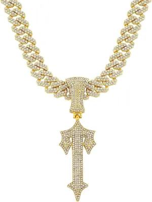 LuxeFlex Hip Hop Cross Sword Necklaces with 12MM 20" Miami Cuban Link Chain, Iced Out Diamond Initial T Pendant Necklace, Alphabet Letter Pendant Choker, Trendy Rapper Jewelry for Men Women