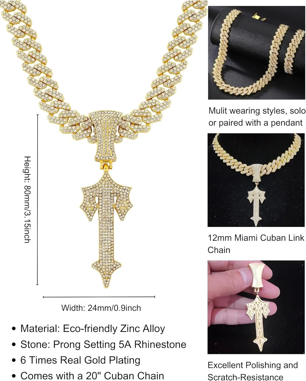LuxeFlex Hip Hop Cross Sword Necklaces with 12MM 20" Miami Cuban Link Chain, Iced Out Diamond Initial T Pendant Necklace, Alphabet Letter Pendant Choker, Trendy Rapper Jewelry for Men Women