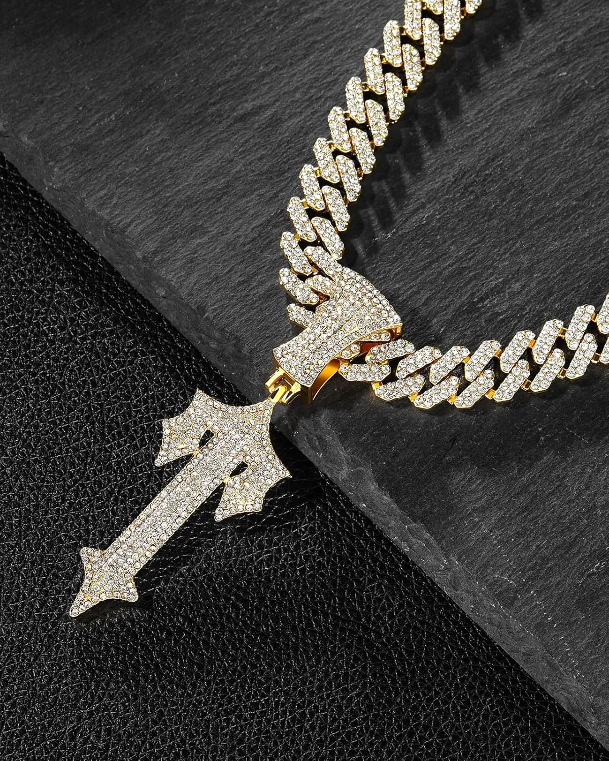 LuxeFlex Hip Hop Cross Sword Necklaces with 12MM 20" Miami Cuban Link Chain, Iced Out Diamond Initial T Pendant Necklace, Alphabet Letter Pendant Choker, Trendy Rapper Jewelry for Men Women