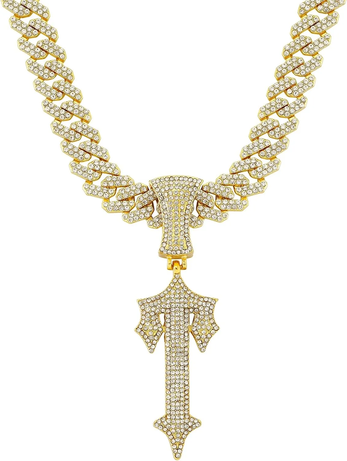 LuxeFlex Hip Hop Cross Sword Necklaces with 12MM 20" Miami Cuban Link Chain, Iced Out Diamond Initial T Pendant Necklace, Alphabet Letter Pendant Choker, Trendy Rapper Jewelry for Men Women