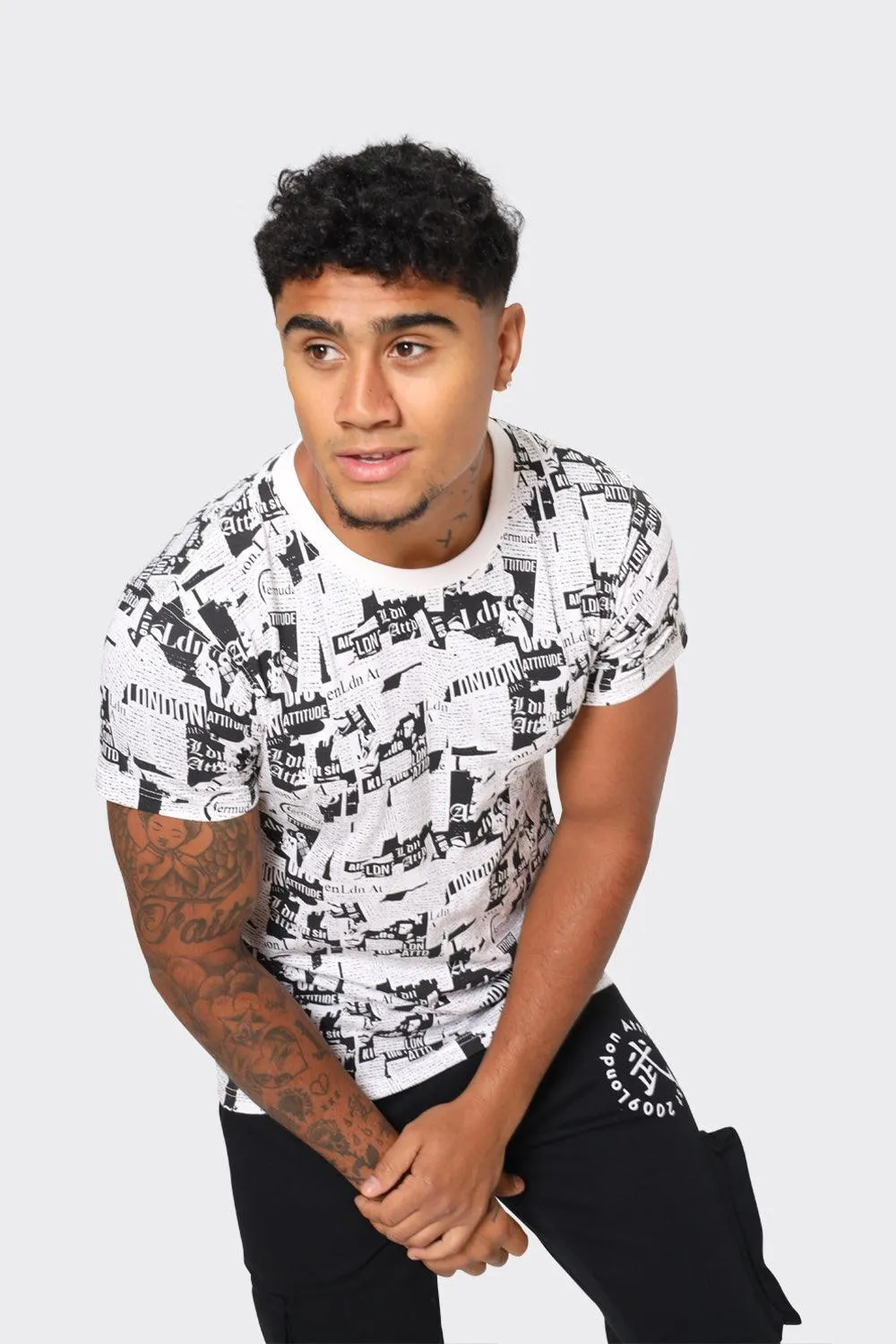Mens Black and White Graphic Print T-Shirt  London Attitude