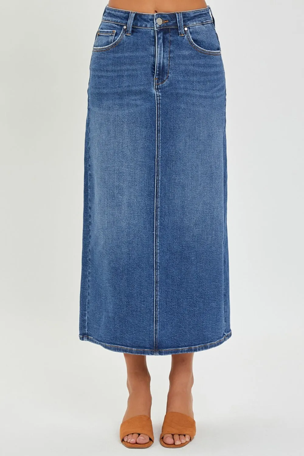 RISEN High Rise Back Slit Blue Denim Skirt