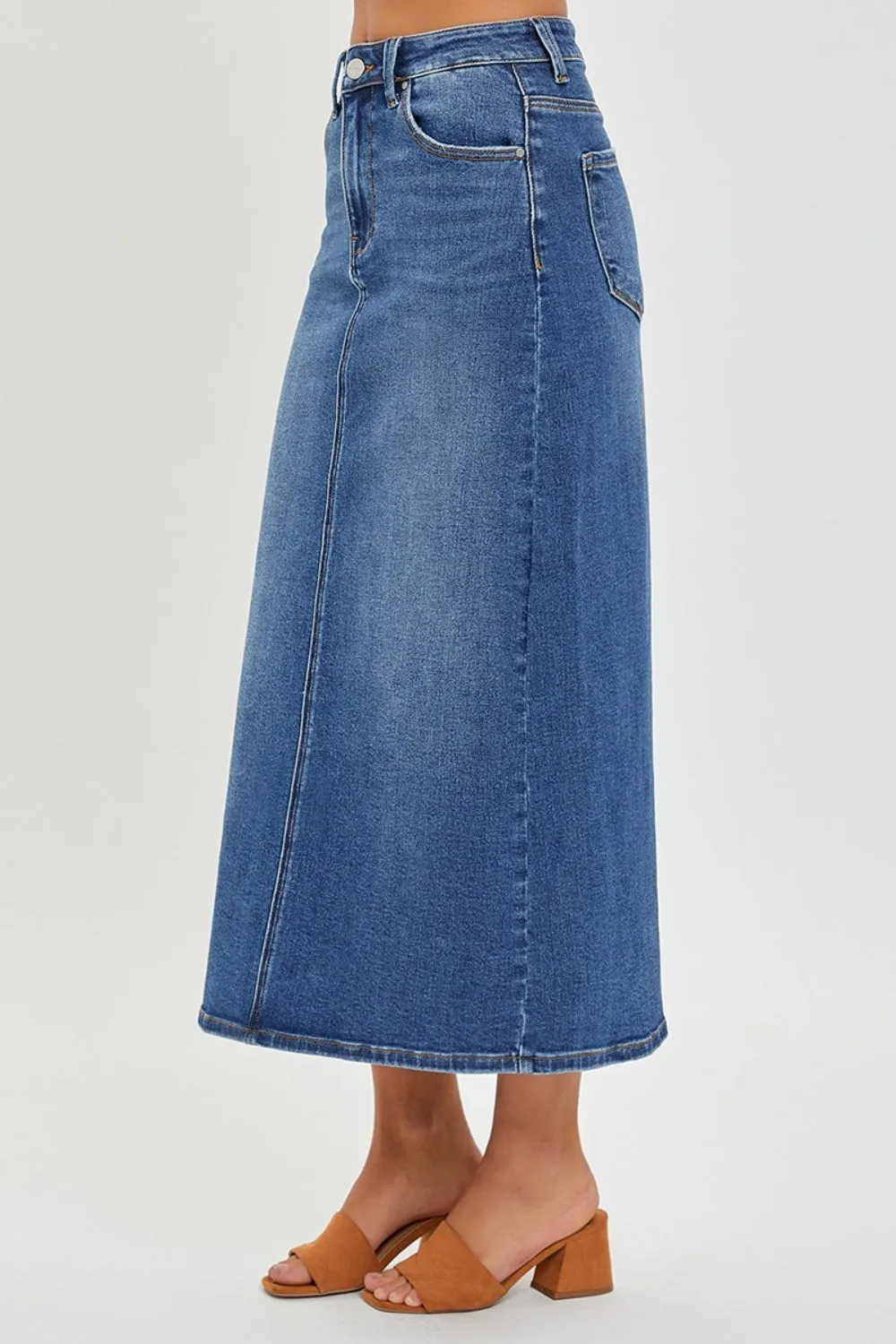 RISEN High Rise Back Slit Blue Denim Skirt