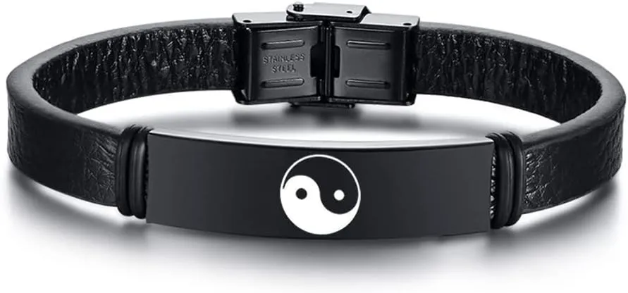 SHNIAN 12MM Taichi Yin - Yang Wristbands, Amulet Jewelry Bracelet Wide Black Leather Black Stainless Steel Clasp Bracelet Cuff for Men Women, (Beautifully Packaged) Adjustable 8.46"