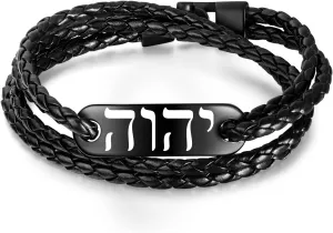 SHNIAN Braided Multilayer Leather Titanium Steel YHWH Bracelet, Jewish Prayer Charm Wristbands with ID Plate Christmas Cocktail Party Hebrew Gift for Him, 7.48"