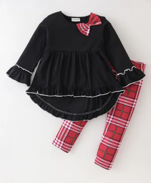 Solid Frilled Top Checkered Leggings Set