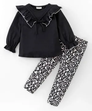 Solid V Frilled Top Animal Print Leggings Set