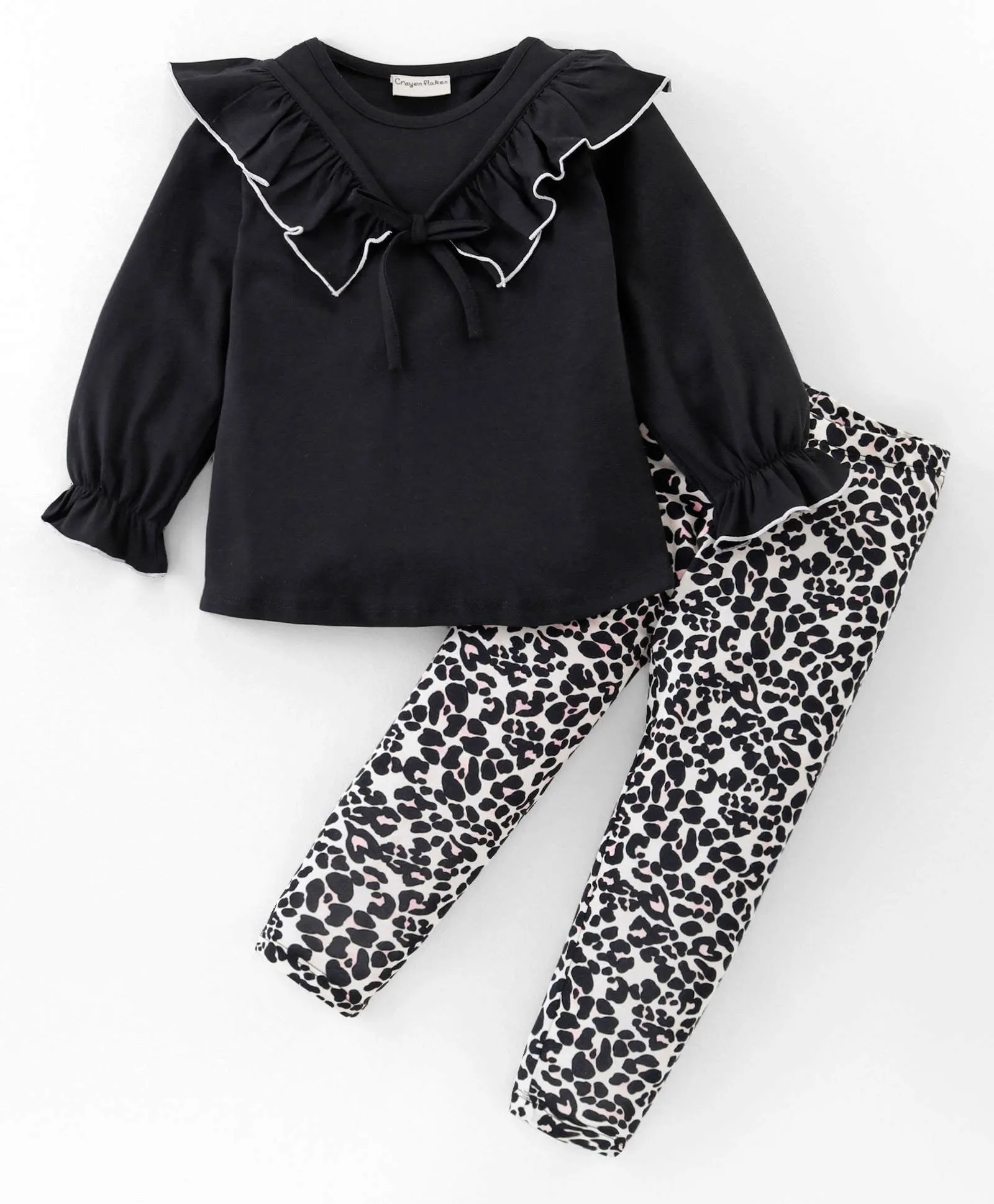 Solid V Frilled Top Animal Print Leggings Set