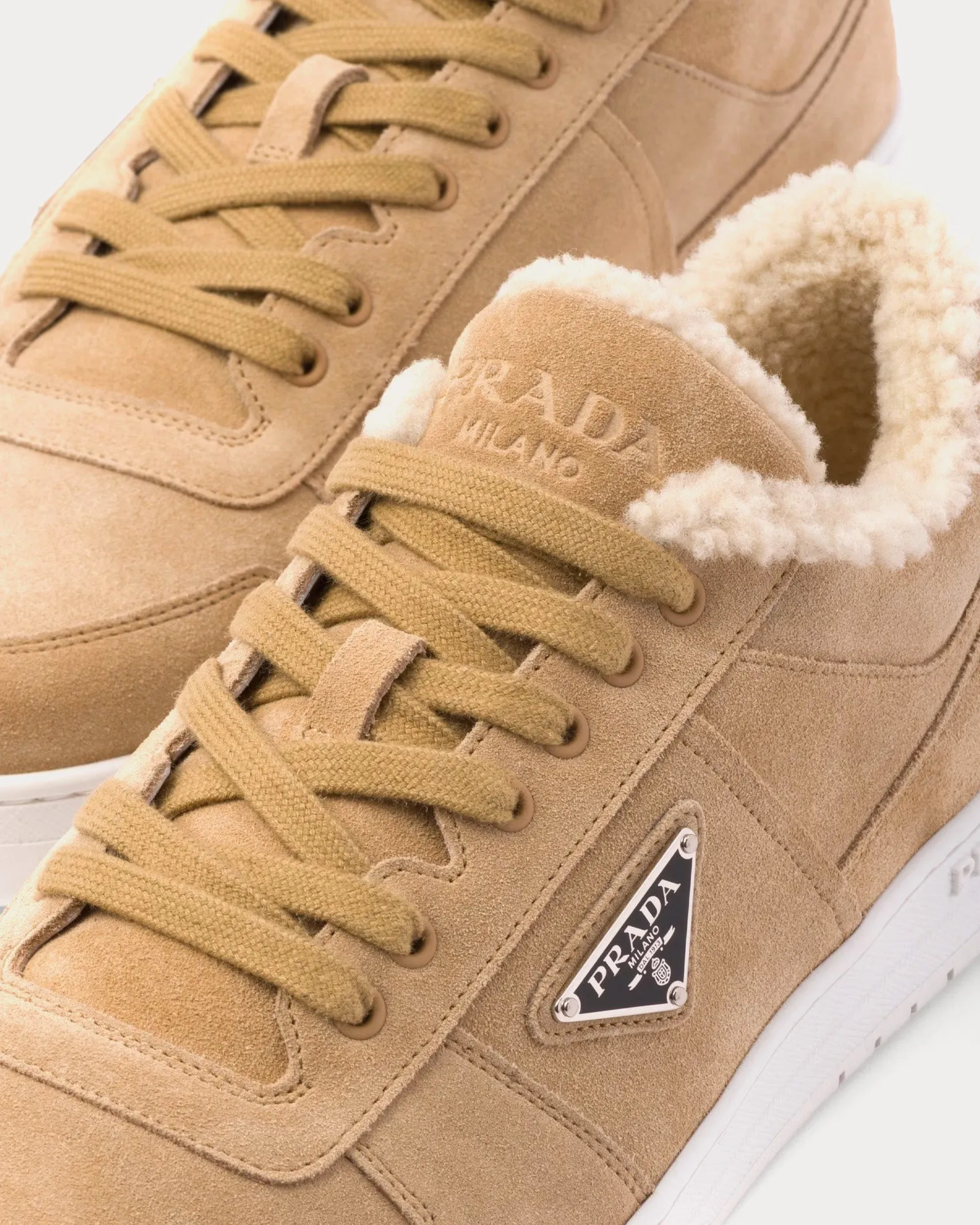 Suede & Shearling Ecru Low Top Sneakers