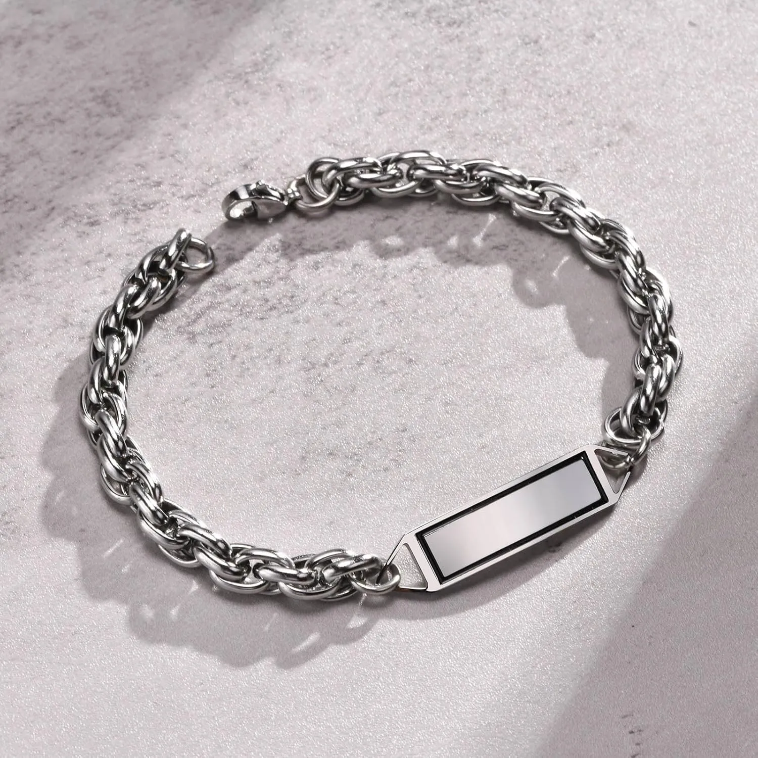 Symbol of Life Prayer Motif Bracelet Stainless Steel Twist Chain Hebrew Chain Link Bracelet with Free Engraved Stainless Steel Id Jewish Jewelry Bracelet for Men & Women/8.3in