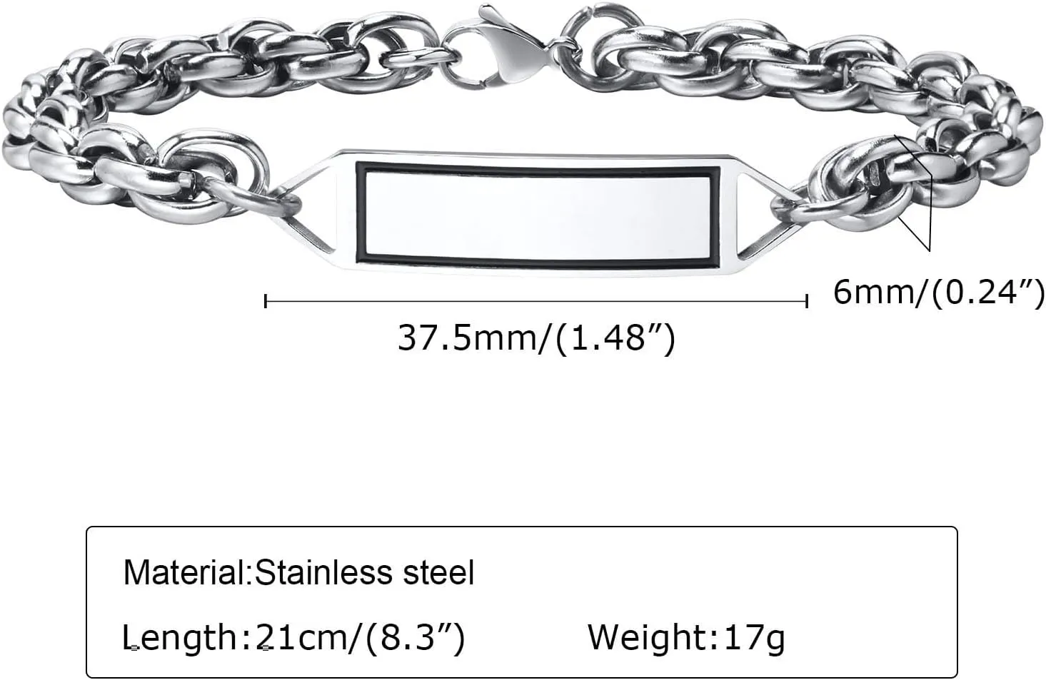 Symbol of Life Prayer Motif Bracelet Stainless Steel Twist Chain Hebrew Chain Link Bracelet with Free Engraved Stainless Steel Id Jewish Jewelry Bracelet for Men & Women/8.3in