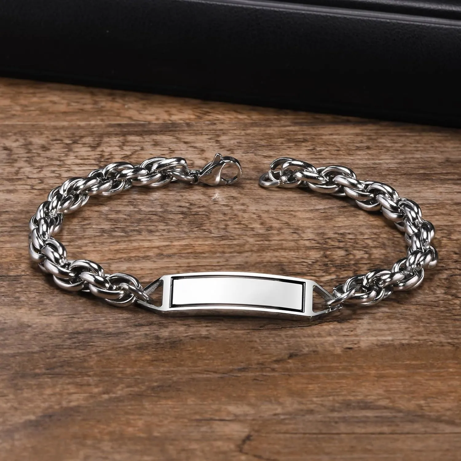 Symbol of Life Prayer Motif Bracelet Stainless Steel Twist Chain Hebrew Chain Link Bracelet with Free Engraved Stainless Steel Id Jewish Jewelry Bracelet for Men & Women/8.3in