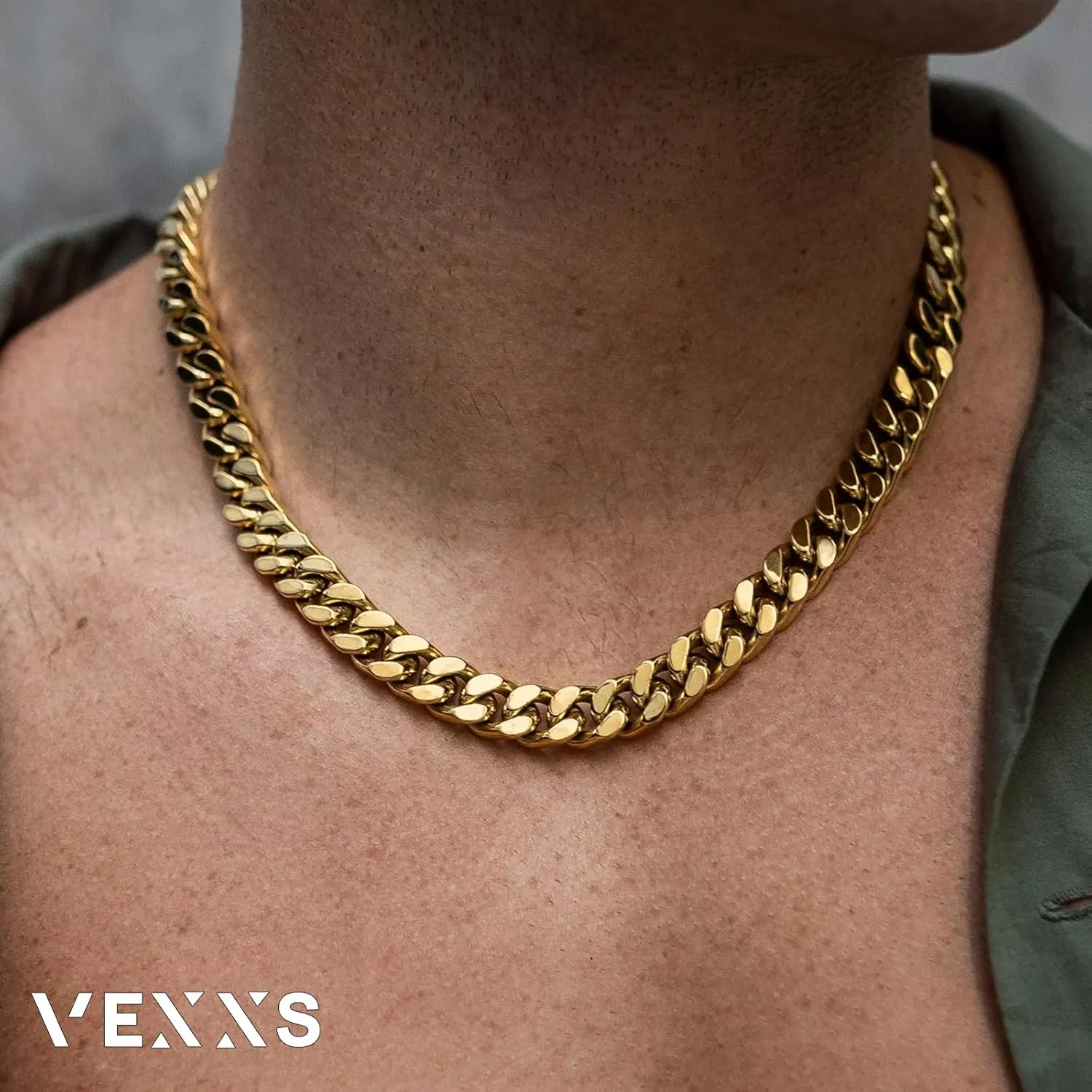 VEXXS Cuban Link Chain Flat Cut, 18K Real Gold Plated Necklace, Durable No Color Fading 10mm 12mm Men's Street Wear Hip Pop Urban Fashion Cuban Necklace