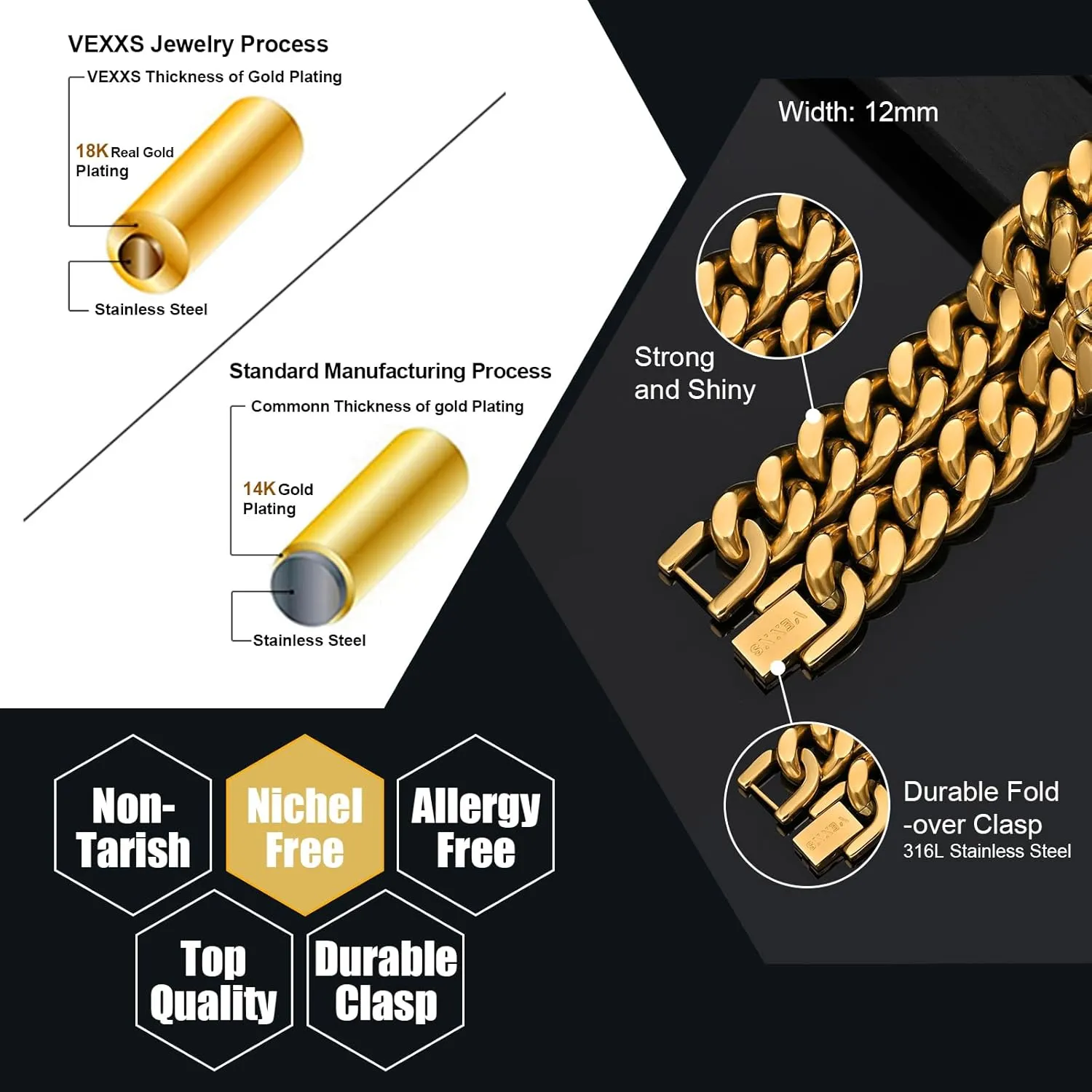 VEXXS Cuban Link Chain Flat Cut, 18K Real Gold Plated Necklace, Durable No Color Fading 10mm 12mm Men's Street Wear Hip Pop Urban Fashion Cuban Necklace