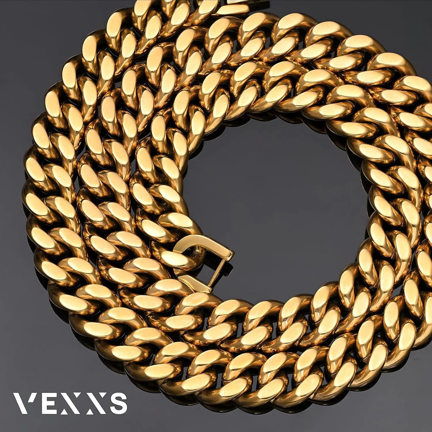 VEXXS Cuban Link Chain Flat Cut, 18K Real Gold Plated Necklace, Durable No Color Fading 10mm 12mm Men's Street Wear Hip Pop Urban Fashion Cuban Necklace