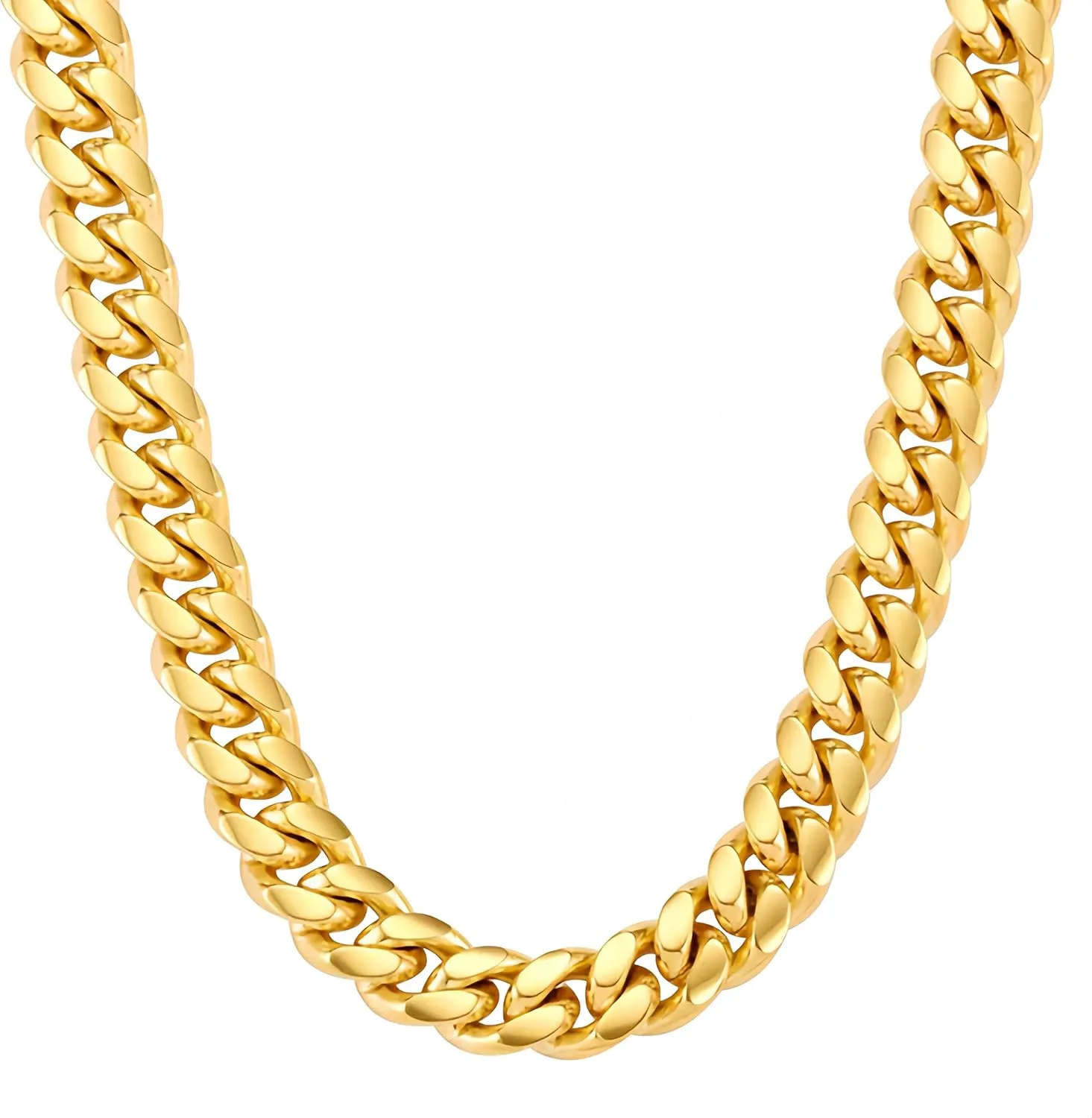 VEXXS Cuban Link Chain Flat Cut, 18K Real Gold Plated Necklace, Durable No Color Fading 10mm 12mm Men's Street Wear Hip Pop Urban Fashion Cuban Necklace